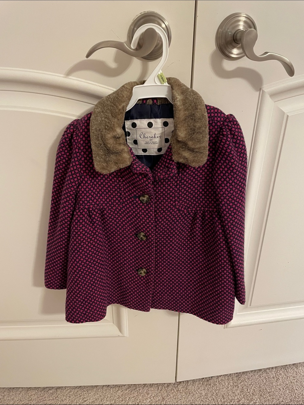 Cherokee Purple Dot Pea Coat with Faux Fur Collar